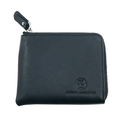 JAL鶴丸 レザーラウンドファスナー財布(黒)